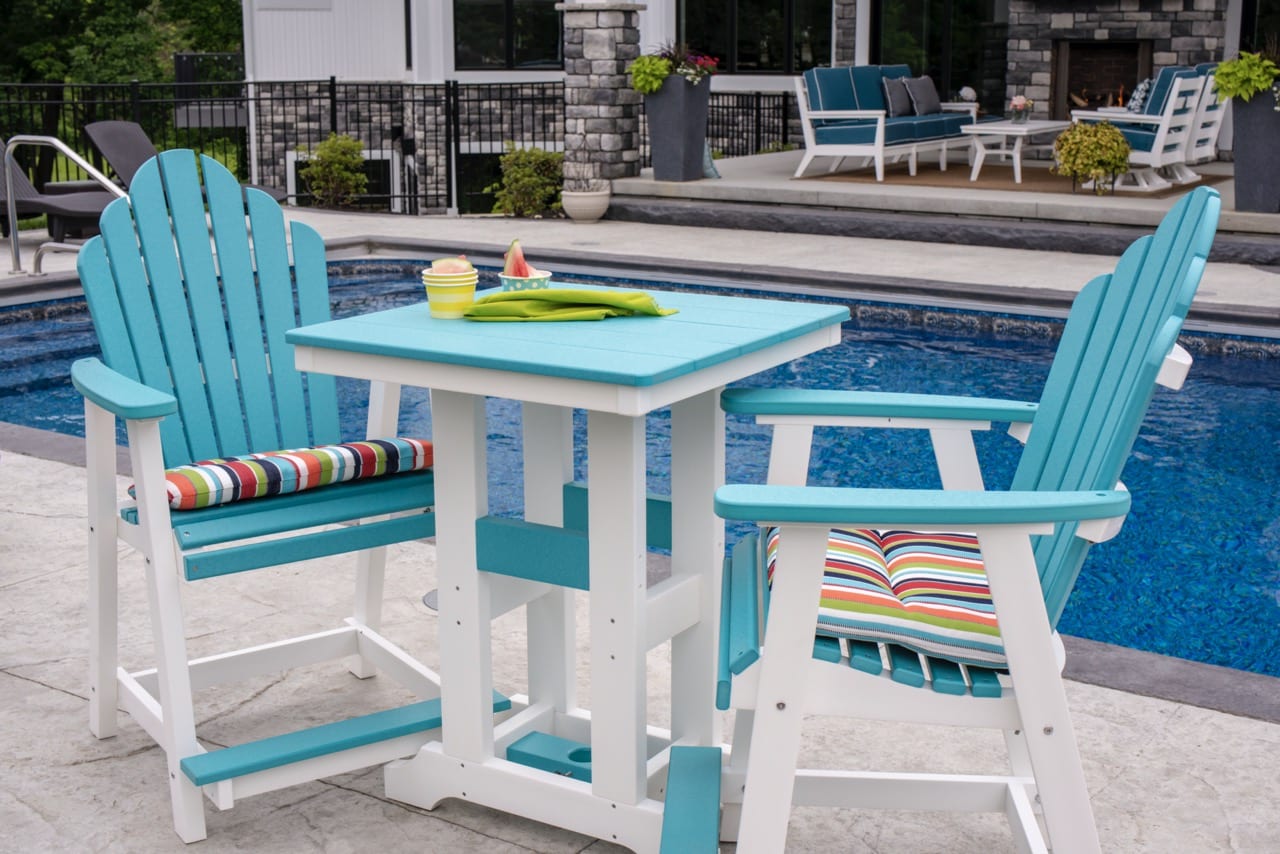 28 Inch Square Garden Classic Table and Cozi Back Counter Chair - Aruba Blue on White Large