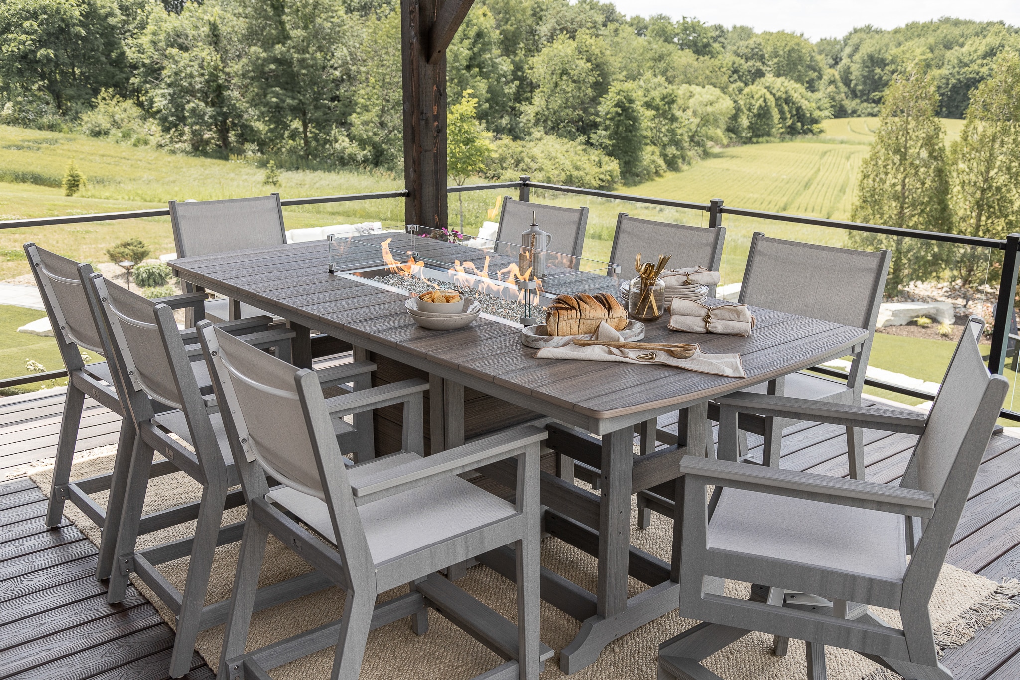 44 inch by 96 rectangle fire table in Coastal Gray on Driftwood with mayhew sling chairs - counter height-2