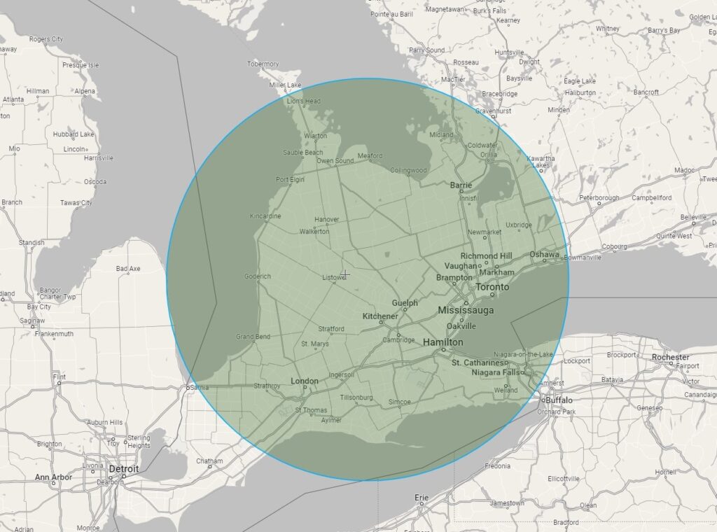 map of southern Ontario showing the radius of free onsite consultations