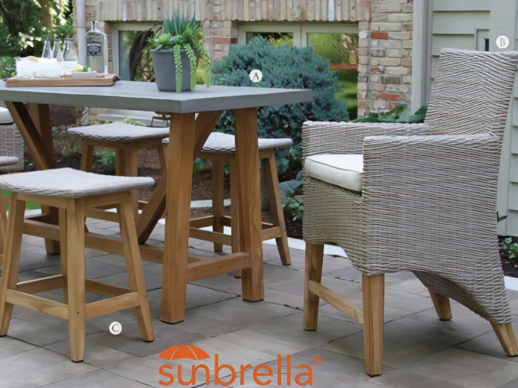 Balcony Height Composite & Teak Dining Table with 4 wicker stools and 2 wicker end arm chairs