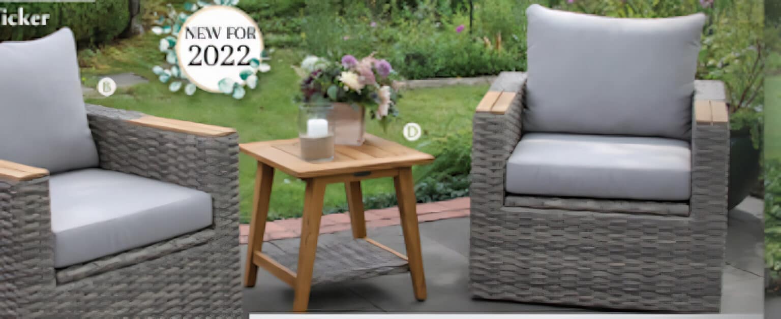 Grey Wicker & Teak Storage Sofa and Captain Chairs -comes with end and coffee table