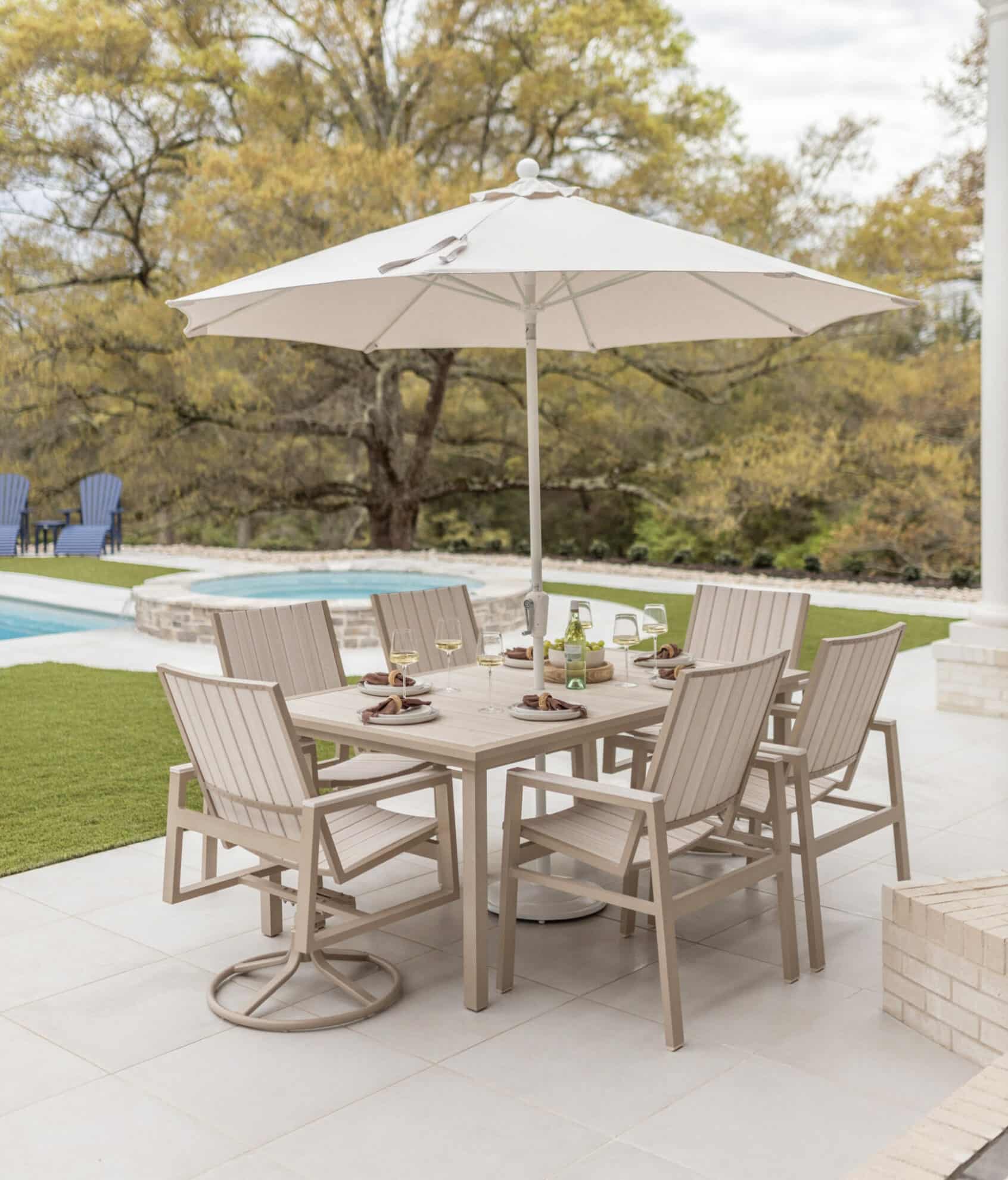 44x73 Vida Poly Dining Table with Vida Poly Swivel Rocker & Dining Chairs